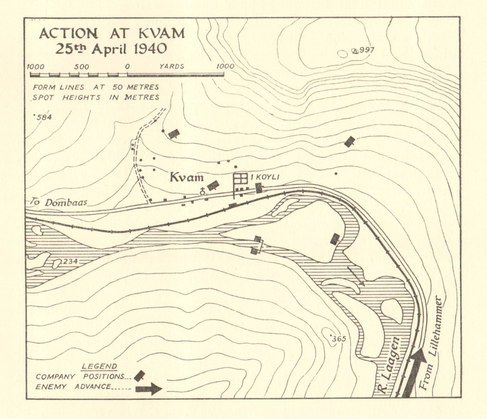 World War 2 Norway Campaign Kvam 25-26 April 1940 German Invasion SMALL 1952 map